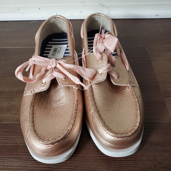 Sperry Shoes - Rose Gold Sperry Leather Boat Shoes Ribbons Laces